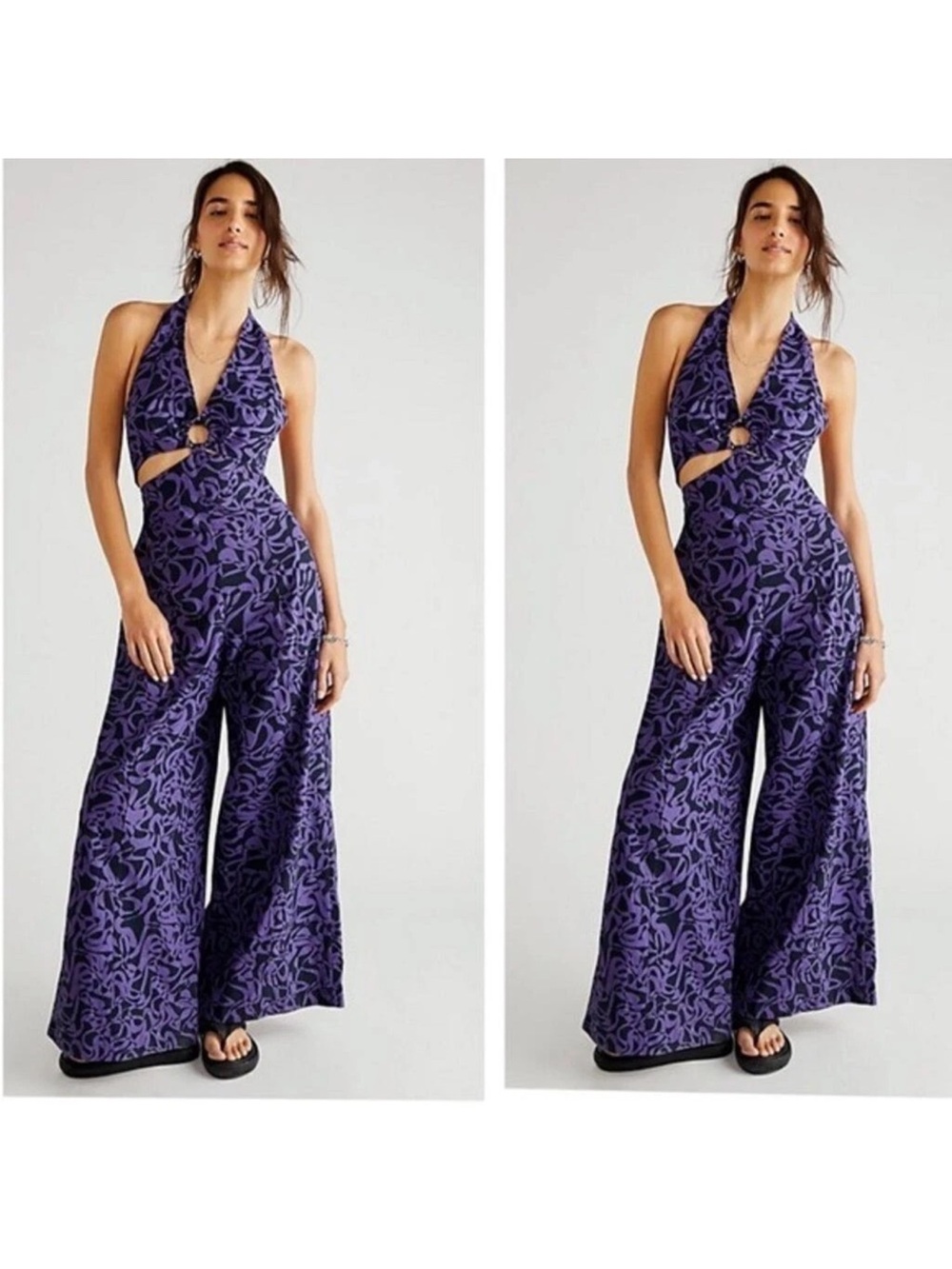 Free People Size XSmall Kira Jumpsuit Purple/Black Cutout One Piece Flared Leg